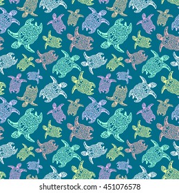 Seamless pastel shades colored pattern with swimming turtles. Abstract ocean cyan background. For wallpaper, pattern fills, web page background, wrapping paper, textile. Vector illustration
