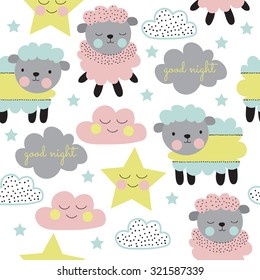 Seamless pastel sheep with cloud and star pattern vector illustration