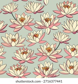 Seamless pastel soft floral pattern with lotus flowers. Lotus pattern with Indian shapes for textile.