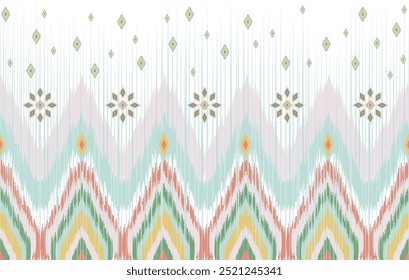 Seamless Pastel Southwestern Ikat Pattern with Diamond and Zigzag Motifs – Ethnic Boho Design in Coral, Aqua, Mustard, Green Tones, Featuring Repeating Geometric Shapes, Ideal for Textiles and Decor