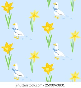 Seamless pastel spring floral vector pattern with white goose or duck bird. Background with daffodil flowers, leaves. 
