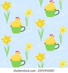 Seamless pastel spring floral vector pattern with yellow sitting in a cup chicken bird. Background with daffodil flowers, leaves. 
