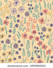 Nahtloses Pastellfrühlingsmuster Blumenblütenblätter Illustration Doodle Natur, Niedliches Blumenmuster in den Blumen Elegante Vorlage für Modedrucke. gelber Hintergrund.