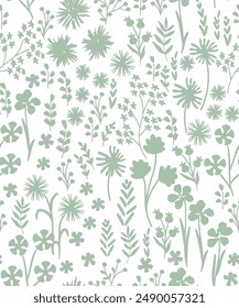 Patrón de primavera pastel sin costuras Hojas de flores verdes ilustración doodle naturaleza, Lindo patrón floral en las flores Elegante Plantilla para estampados de moda.