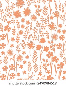 seamless pastel spring pattern orange floral blossom leaves illustration doodle nature, Cute floral pattern in the flowers Elegant template for fashion prints.white background.