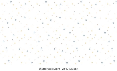 Padrão de contorno de estrela pastel sem costura com estrelas azuis, amarelas e de coral no fundo branco. Vetor celeste bonito para crianças, tecidos de bebê, decoração de berçário, papel de embrulho e design de tecido.