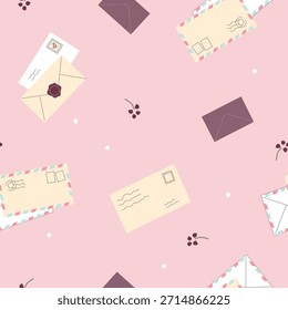 Patrón de papelería pastel sin fisuras con sobres lindos y letras escritas a mano que crean un fondo romántico suave