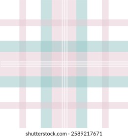 Seamless pastel tartan pattern with light pink and turquoise stripes on a white background. Perfect for fabric design, digital backgrounds, wedding invitations, and scrapbooking.