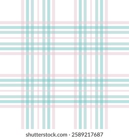 Seamless pastel tartan pattern with light pink and turquoise stripes on a white background. Perfect for fabric design, digital backgrounds, wedding invitations, and scrapbooking.