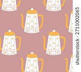 Seamless Pastel Teapot Pattern with Hearts – Cute Cozy Design for Kitchen Textiles and Cafe Decor