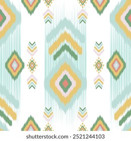 Seamless Pastel Tribal Geometric Pattern with Ikat Motifs in Southwestern Style - Diamond Shapes, Zigzag Lines, Ethnic Boho Design in Soft Green, Mustard, Blush, and Aqua Colors for Textiles Decor