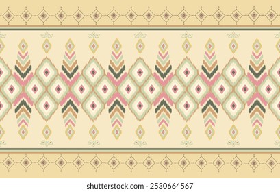Seamless Pastel Tribal Geometric Pattern with Ikat Motifs in Southwestern Style - Diamond Shapes, Zigzag Lines, Ethnic Boho Design in Soft Green, Mustard, Blush, and Aqua Colors for Textiles and Decor
