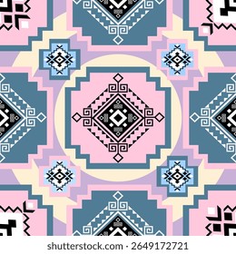 Seamless Pastel Tribal Geometric Pattern with Diamond Motifs and Ornamental Elements in Pink, Blue, and Black, Ethnic Textile Inspired Design for Fabric, Wallpaper, and Decorative Projects