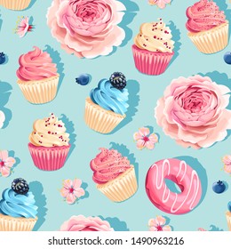 Seamless pastel vector high detail cupcake pattern