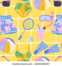 Seamless pastel vector pattern with cute swimwear, beach balls, snorkeling gear, and tropical drinks, Summer vibe. Perfect for childrens clothing, wrapping paper, textile