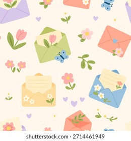 Seamless pastel vector pattern with cute envelopes, flowers, hearts and butterflies. Romantic spring design for stationery, wedding invites, greeting cards, wrapping paper and textiles