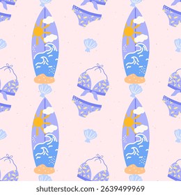 Seamless pastel vector pattern featuring cute surfboards, tropical beach vibes. Perfect for childrens clothing, wrapping paper, summer-themed textiles