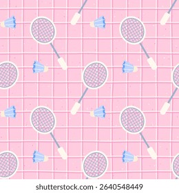 Seamless pastel vector pattern featuring badminton rackets, shuttlecocks. Perfect for children’s clothing, wallpapers, and textile designs