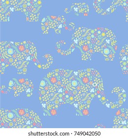 Seamless pastel vector pattern with floral elephants on violet background