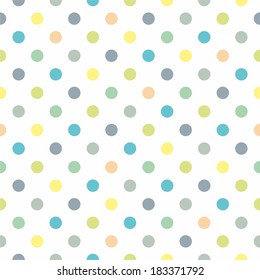 Seamless pastel vector pattern, texture or background with cool mint, grey, blue and yellow green polka dots on white background for web design, desktop wallpaper, spring blog or fresh website.