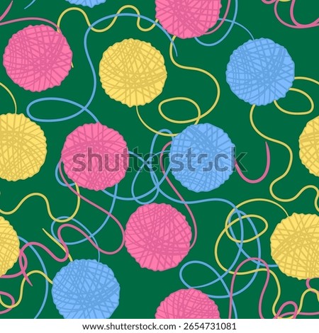 seamless pastel yarn ball pattern with tangled threads on a dark green background ideal for knitting and craft projects