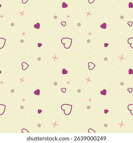 Seamless pastel yellow background with purple hearts and soft geometric symbols perfect for romantic gift wrap or cute fabric design