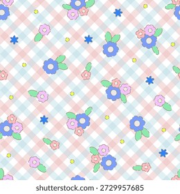 Patrón de Vector de flores y cuadros de color pastel sin costuras. Textura de patrón de mantel de Gingham para textiles, tarjetas, papelería, cajas de teléfono, regalos de papel, Fondo de pantalla y envoltura.