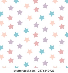 Seamless Pastel-Colored Star Pattern with Soft Shades for Decorative Use. Colorful star pattern featuring soft pastel shades of pink, purple, and blue on white background, designed as a seamless 