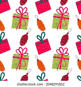 Nahtlose Rücken mit Weihnachtsgeschenkbox und Kiefernkegel. Kann als Packpapier, Tapete, Textildesign verwendet werden.