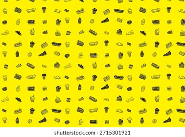 Patrón de fondo de icono de pastelería sin fisuras o rebanadas de varios pasteles y panes, con un fondo amarillo. Adecuado para el diseño de embalaje, fondo de cocina o fondo de festival de alimentos