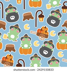 Pasto sin costura de la rana linda en la olla venenosa.Frog mosca de bruja con escoba.Luna fondo del cielo.Pumpkin.Halloween.Kawaii.Vector.Illustration.