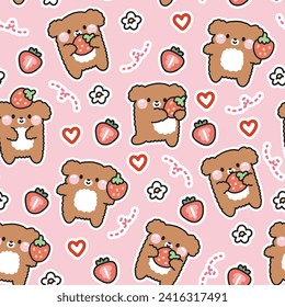 Seamless pasttern of cute smile dog with strawberry in various poses on pink background.Pet animal character cartoon design.Heart.Flower.Kawaii.Vector.Illustration