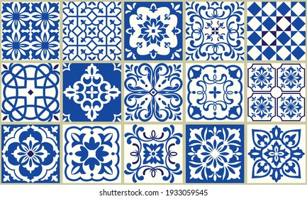 Seamless patchwork from Azulejo tiles. Collection of ceramic tiles in turkish style. Portuguese and Spain decor in blue, white. Islam, Arabic, Indian, Ottoman motif. Vector Hand drawn background