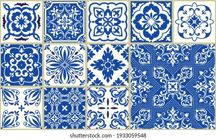 Seamless patchwork from Azulejo tiles. Collection of ceramic tiles in turkish style. Portuguese and Spain decor in blue, white. Islam, Arabic, Indian, Ottoman motif. Vector Hand drawn background