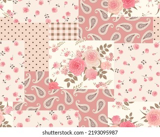 
Seamless Patchwork Background. Decorative vector pattern with Roses, paisley,floral and geometric ornaments.