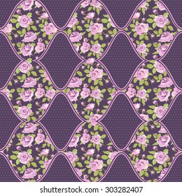 Seamless  patchwork background. Floral motifs with pink roses. Vector illustration