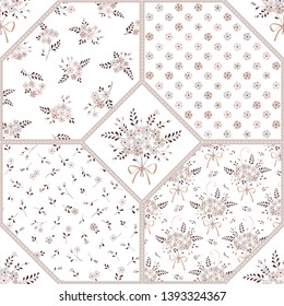 Seamless patchwork background with floral ornaments. Small flowers and bouquets. Decorative ethnic pattern for digital paper, fills, print off onto fabric, etc.