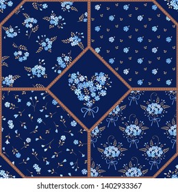 Seamless patchwork background with floral ornaments. Small flowers and bouquets. Decorative ethnic dark blue pattern for digital paper, fills, print off onto fabric, etc.