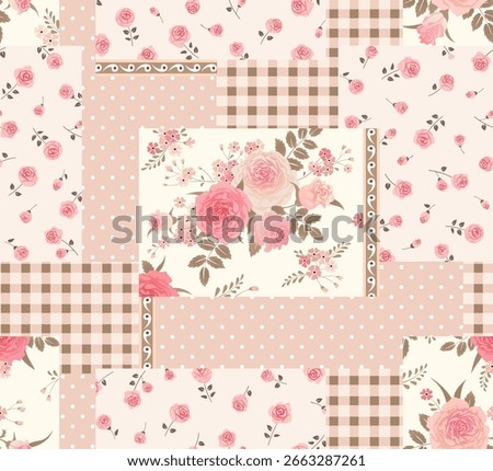 Seamless patchwork background with flowers. Floral design. Decorative ornamental vector pattern. 