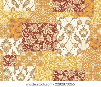 Seamless patchwork background with flowers and leaves. Persian medieval motifes design. Vector decorative ornamental pattern. 