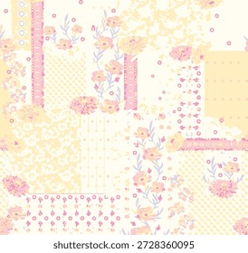 Seamless patchwork background with flowers and leaves. Persian medieval motifes design. Vector decorative ornamental pattern.Decorative patchwork pattern with various ornaments.