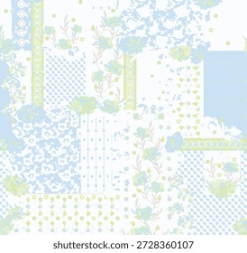 Seamless patchwork background with flowers and leaves. Persian medieval motifes design. Vector decorative ornamental pattern.Decorative patchwork pattern with various ornaments.