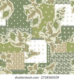 Seamless patchwork background with flowers and leaves. Persian medieval motifes design. Vector decorative ornamental pattern.Decorative patchwork pattern with various ornaments.
