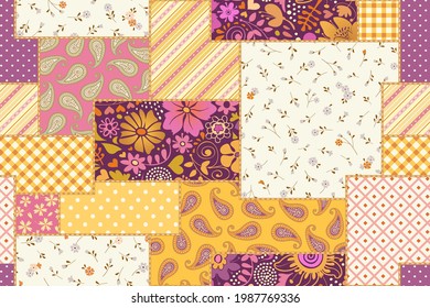 
Seamless Patchwork Background with Flowers and Paisley. Decorative pattern with floral and geometric ornaments.