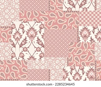 Seamless patchwork background with flowers, paisley and geometrical elements. Persian medieval motifes design. Vector decorative ornamental pattern. 