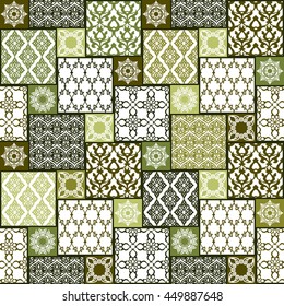 Seamless patchwork background. Oriental ornament motifs. Green colors ornaments.Vector illustration