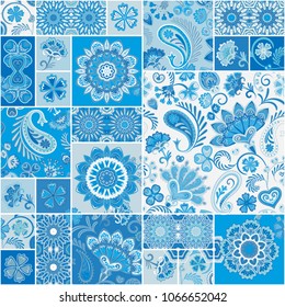 Seamless patchwork background with paisley and flowers. Vector squared ethnic pattern. Can be use as digital paper, fills, print off onto fabric. Blue