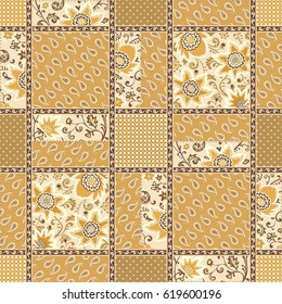 Seamless patchwork background with paisley and flowers. Vector squared ethnic pattern. Vintage floral pattern for wallpaper, fabric, digital paper, etc.