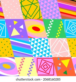 Seamless patchwork with colourful geometric patterns in rhombuses. Vector image.
