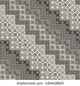 Seamless patchwork in ethnic style. Hand drawn background. Azulejos tiles patchwork. Portuguese and Spain decor. Islam, Arabic, Indian, ottoman motif. Perfect for printing on fabric or paper